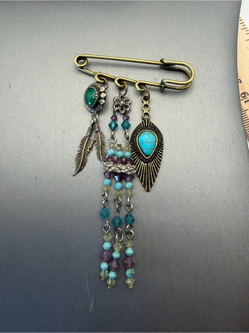 Boho Turquoise and Teal Charm Safety Pin Brooch Southwest Style